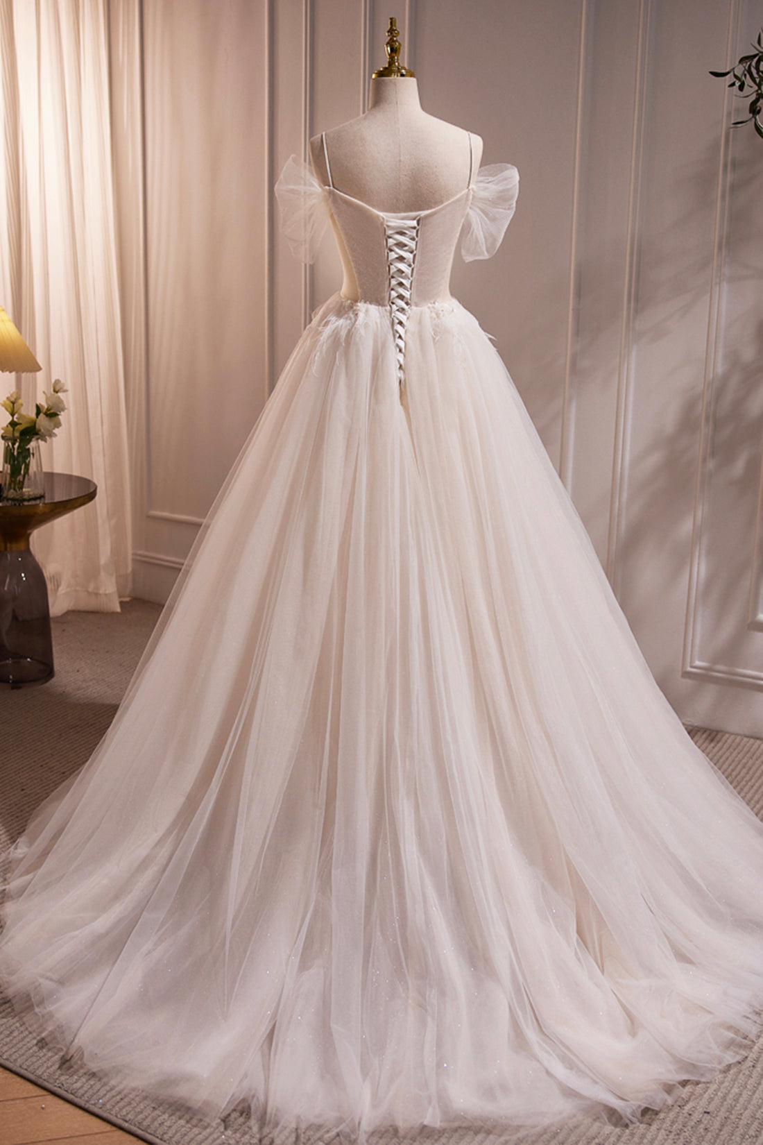 Ivory Floor Length Beaded Straps Prom Dress, Ivory Tulle Evening Dress Ivory Floor Length Beaded Straps Prom Dress, Ivory Tulle Evening Dress