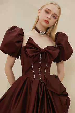 Burgundy Satin Long Prom Dress, Short Sleeve Evening Dress, Burgundy Party Dress