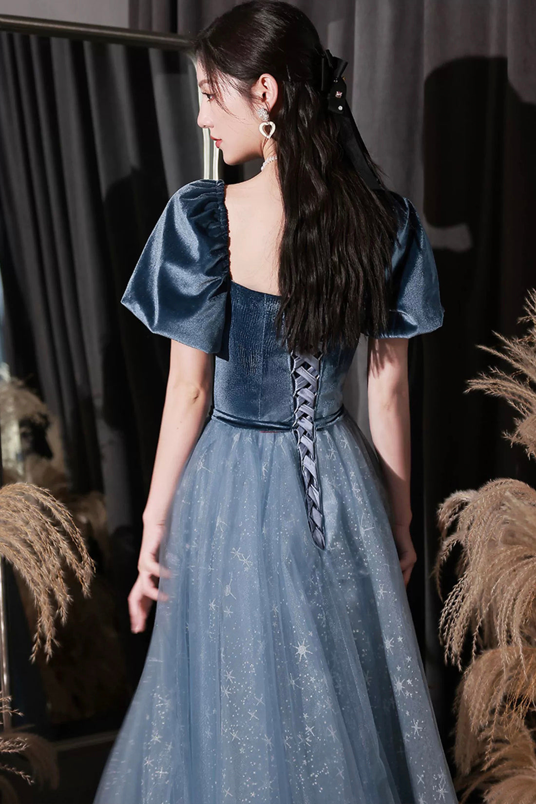 Blue Velvet Tulle Long Prom Dress, Beautiful Short Sleeve Evening Dres Blue Velvet Tulle Long Prom Dress, Beautiful Short Sleeve Evening Dres