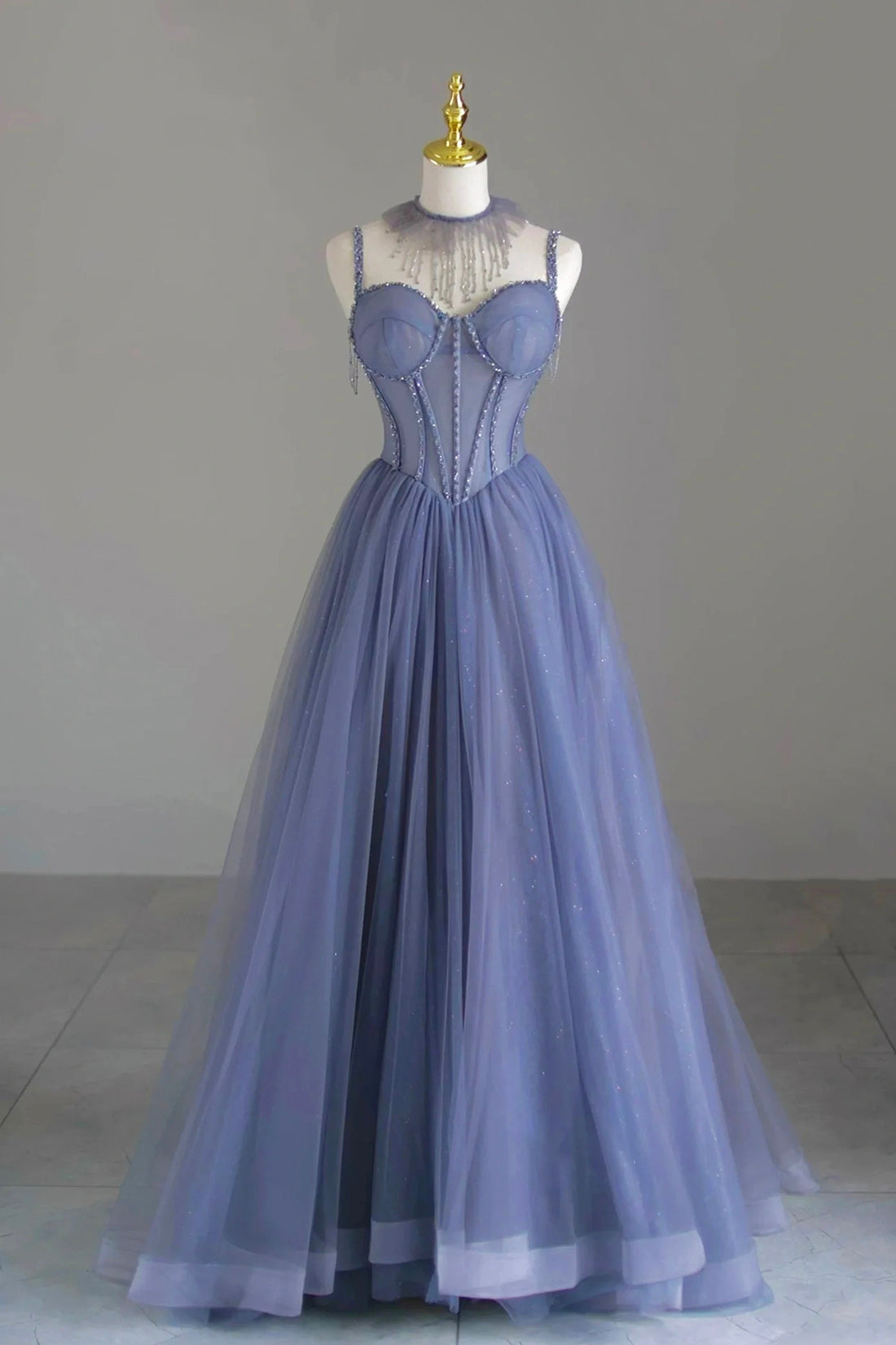 Blue Spaghetti Strap Tulle Beaded Long Prom Dress, Beautiful A-Line Evening Party Dress