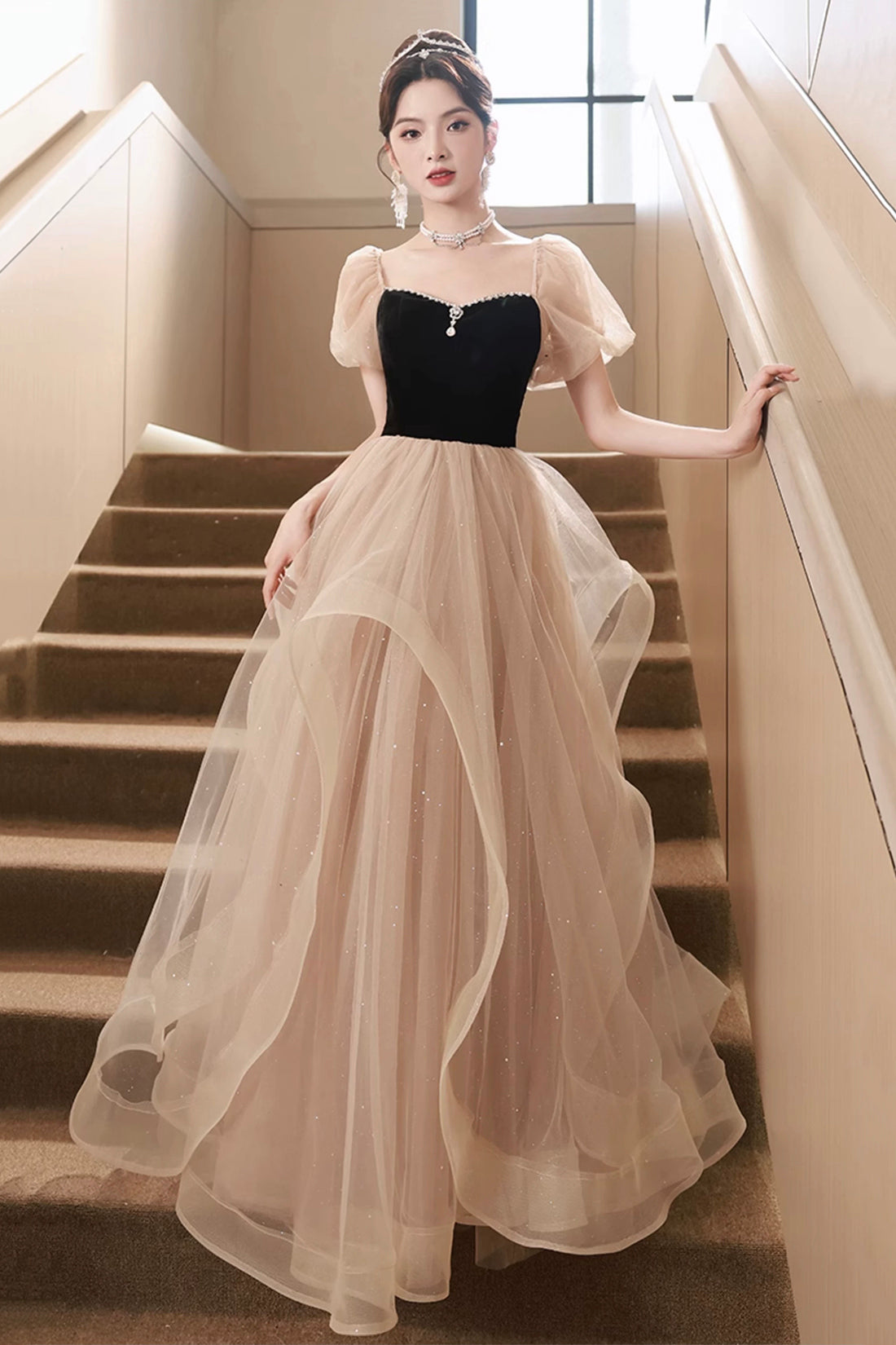 Cute Velvet Tulle Long Prom Dress, Beautiful Short Sleeve Evening Dress