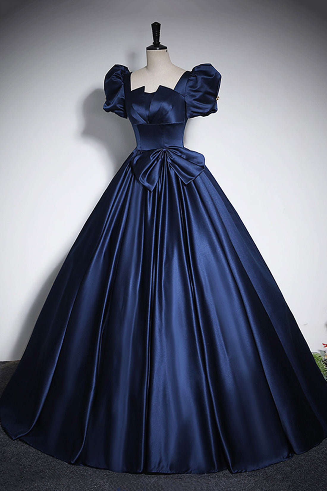 Elegant Blue Satin Prom Dresses, Square Neckline Puffy Short Sleeve Bo Elegant Blue Satin Prom Dresses, Square Neckline Puffy Short Sleeve Bo