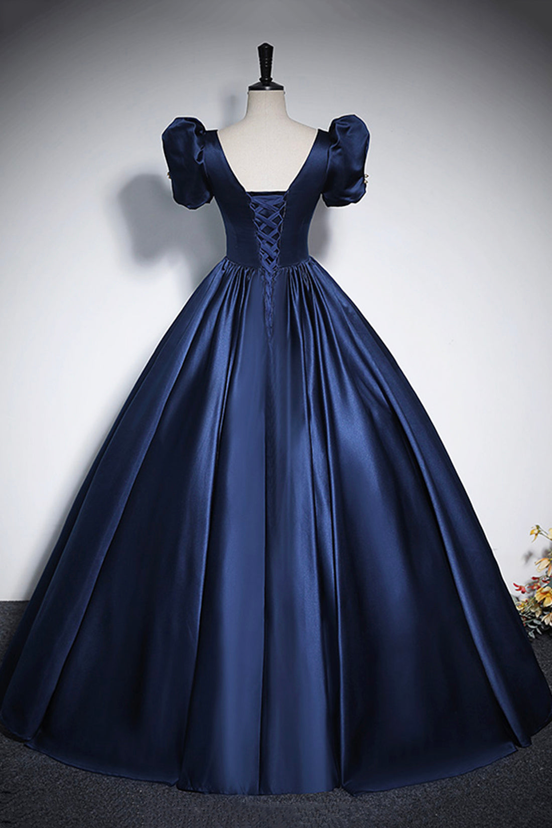 Elegant Blue Satin Prom Dresses, Square Neckline Puffy Short Sleeve Bow Backless Floor-Length Formal Dresses