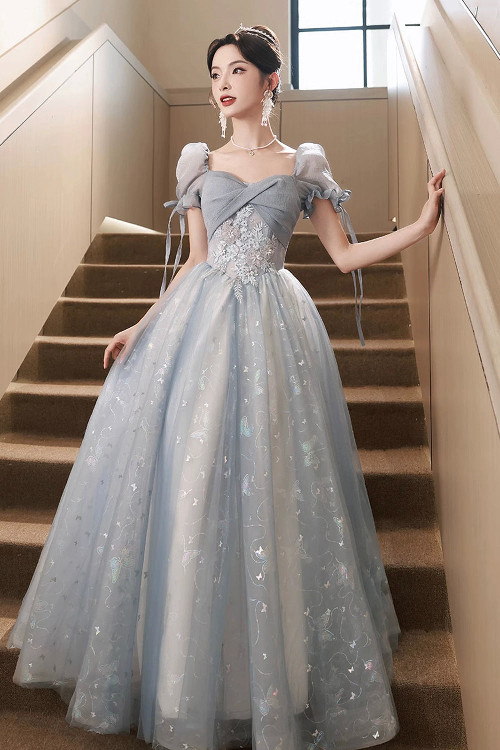 Beautiful Tulle Short Sleeves Formal Dress with Lace, Lovely Blue Long
