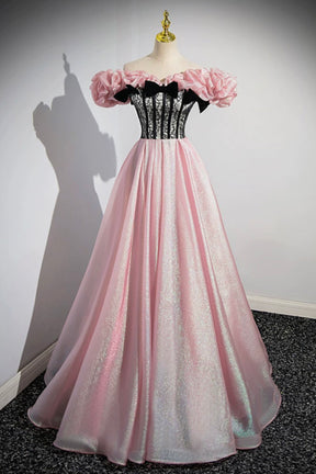 Beautiful Shiny Tulle Long A-Line Pink Corset Prom Dress, Off the Shoulder Evening Party Dress