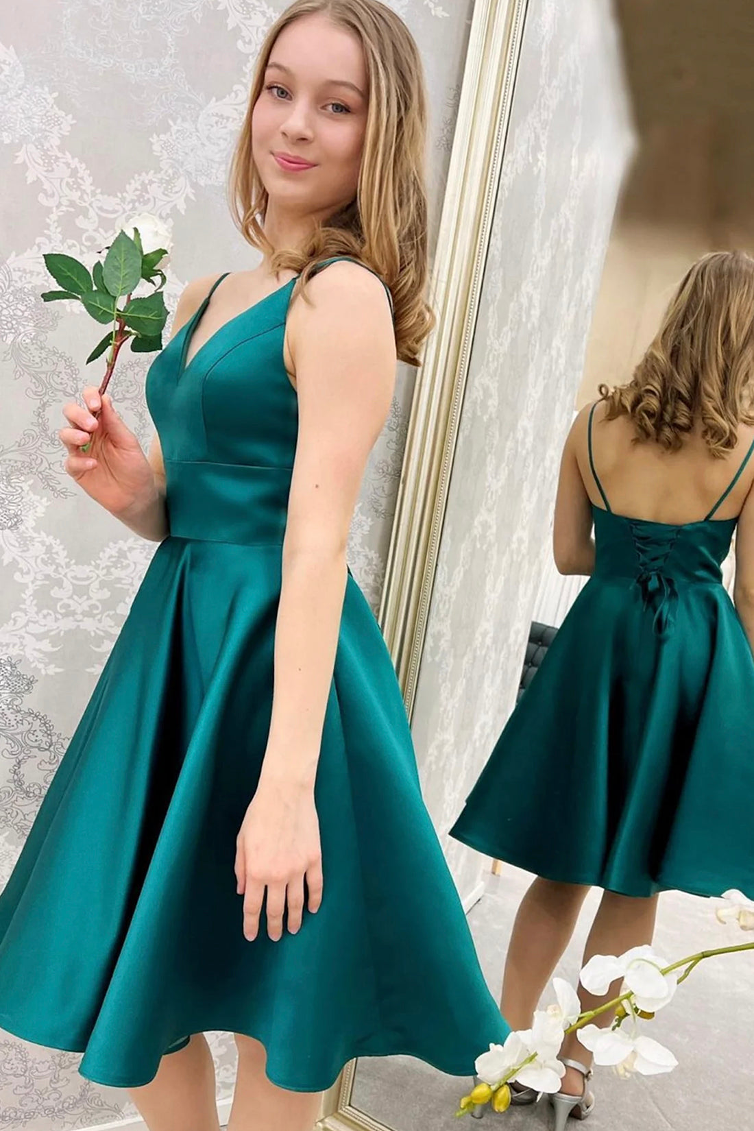 Cute Satin Short Prom Dress, Green V-Neck Party Dress, Green Homecoming Dress