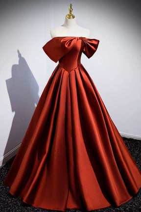 Caramel Floor Length Satin Formal Dress, Cute Off Shoulder A-line Evening Dress