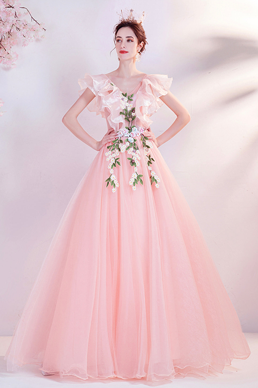 Pink V-Neck Tulle Long Prom Dress, Beautiful Pink Evening Dress