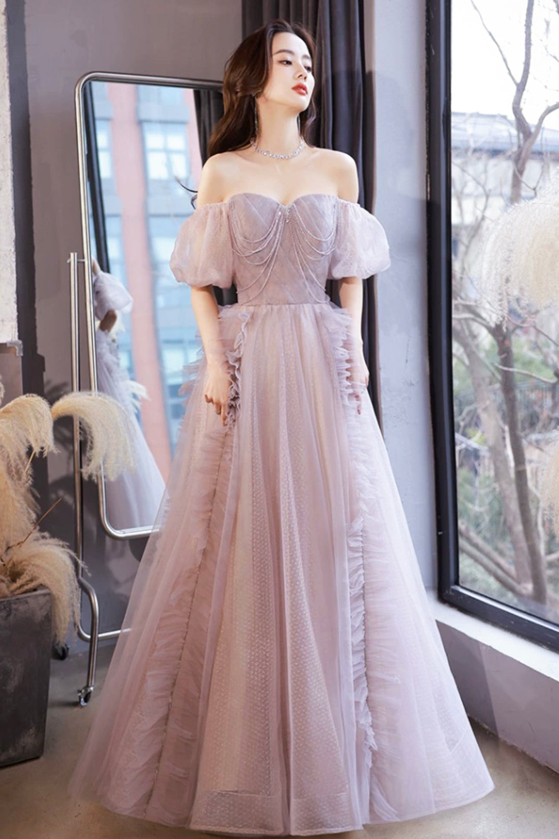 A-Line Tulle Long Prom Dress with Beaded, Beautiful Off the Shoulder Evening Graduation Dress