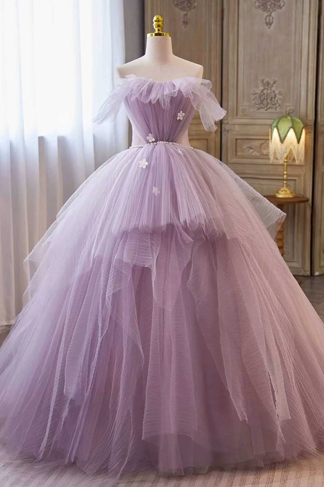 Lilac Strapless Tulle Long Prom Dresses with Pearls Belt, Lilac Off the Shoulder Formal Evening Dresses