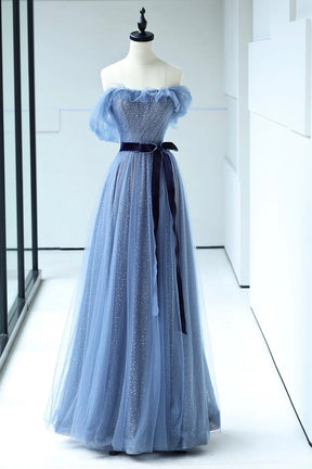 Beautiful Blue Floor Length Prom Dress, A-line Strapless Tulle Evening Dress
