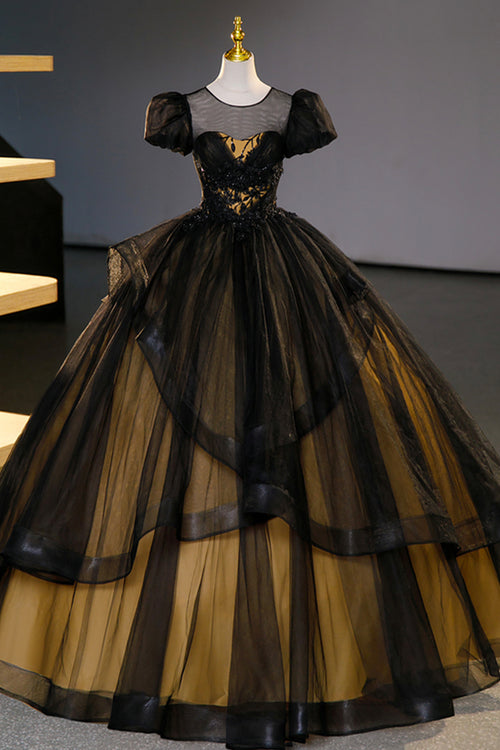 Black tulle lace long prom dress black evening dress Y1894 main image 1