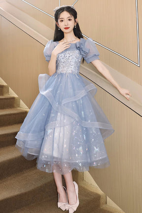 Blue Tulle Lace Knee Length Prom Dress, Cute Short Sleeve Evening Party Dress