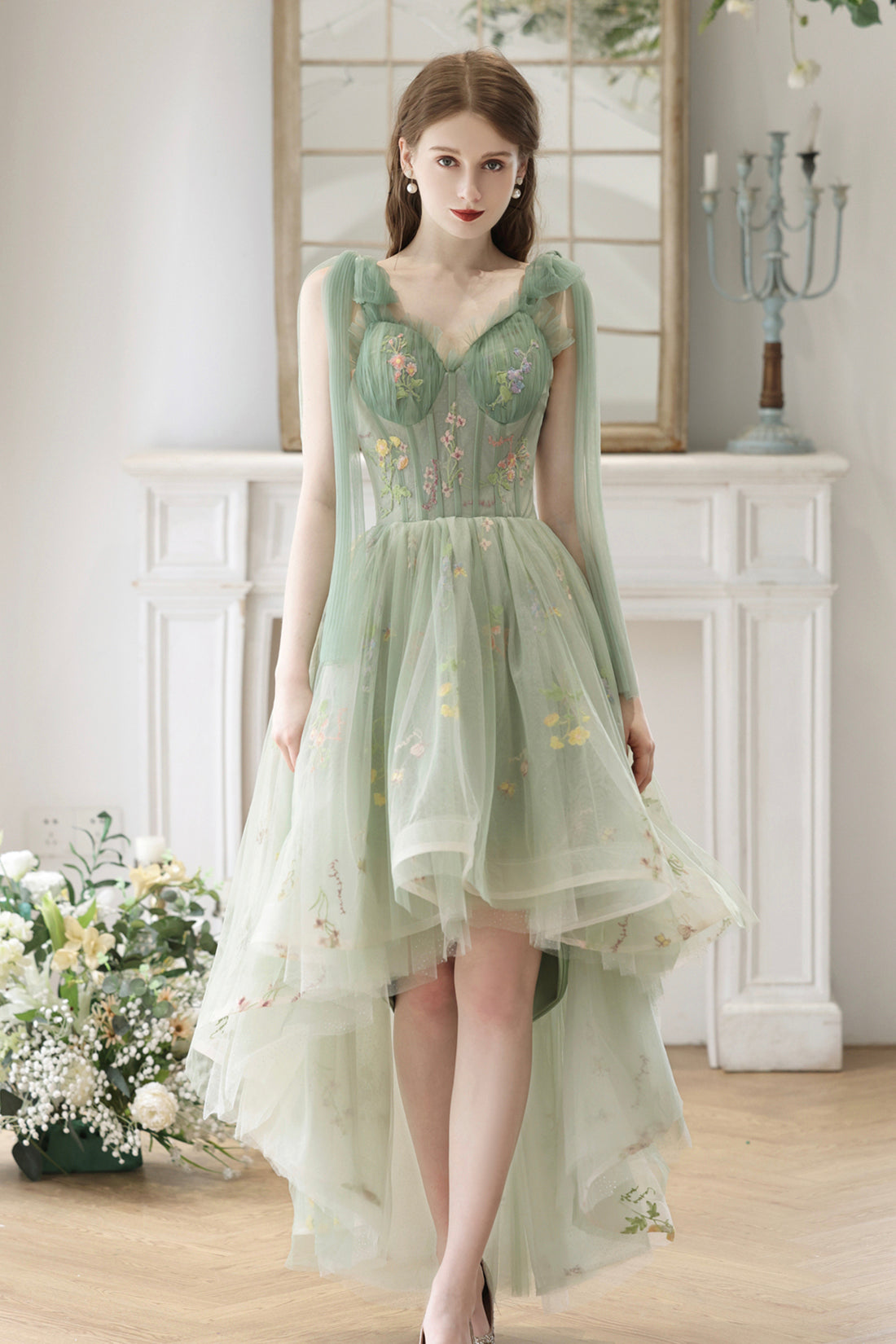 Beautiful Floral Tulle High Low Party Dress, Green Lace Homecoming Dre Beautiful Floral Tulle High Low Party Dress, Green Lace Homecoming Dre