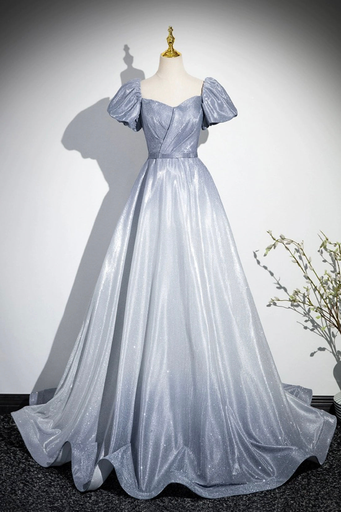 Elegant Gradient Short Sleeve Part Dress, A-Line Blue Formal Evening Dress