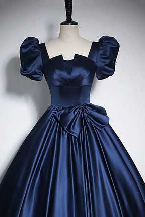Elegant Blue Satin Prom Dresses, Square Neckline Puffy Short Sleeve Bow Backless Floor-Length Formal Dresses