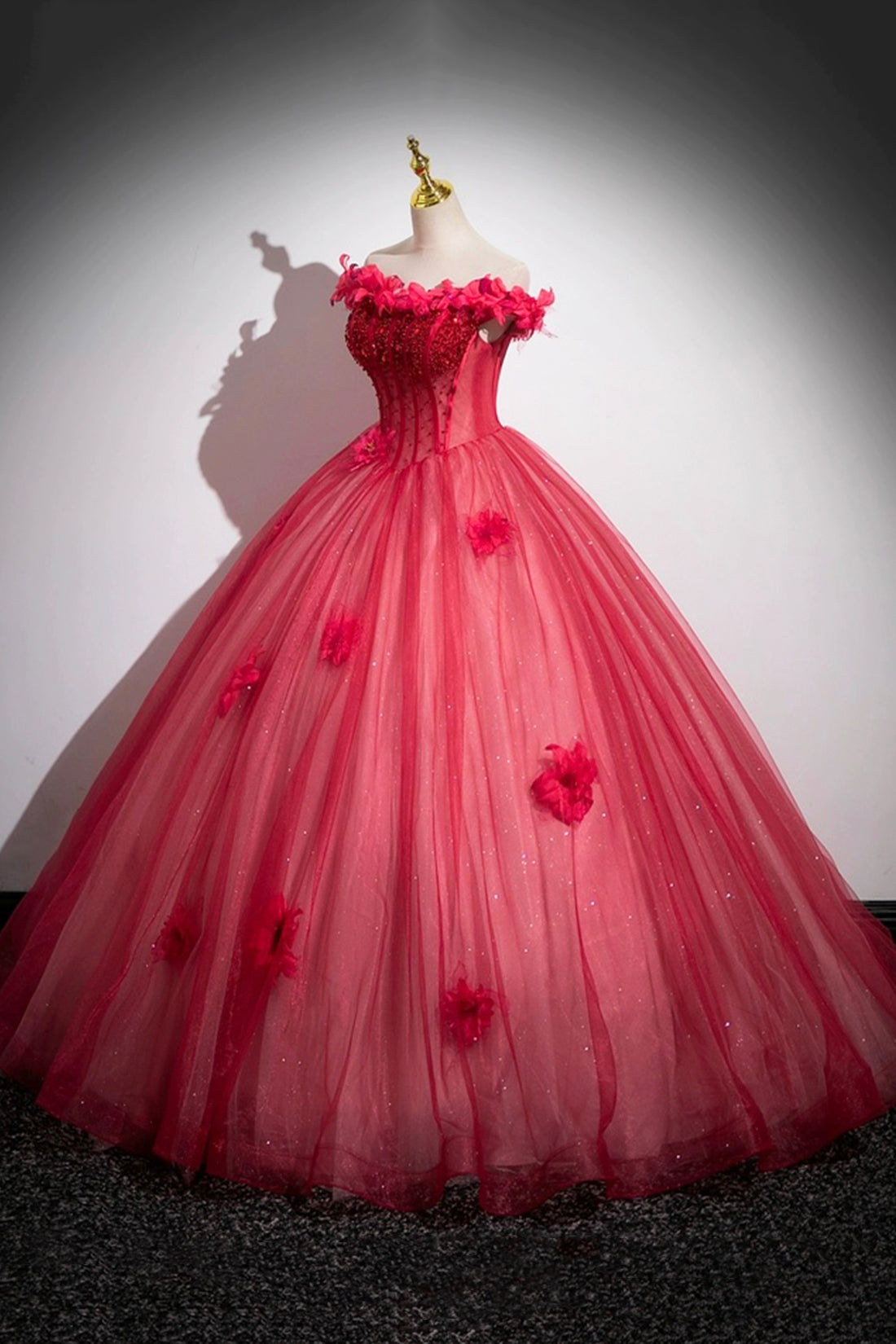 Dark Red Beading Prom Dress with Corset, Off the Shoulder Short Sleeve Dark Red Beading Prom Dress with Corset, Off the Shoulder Short Sleeve