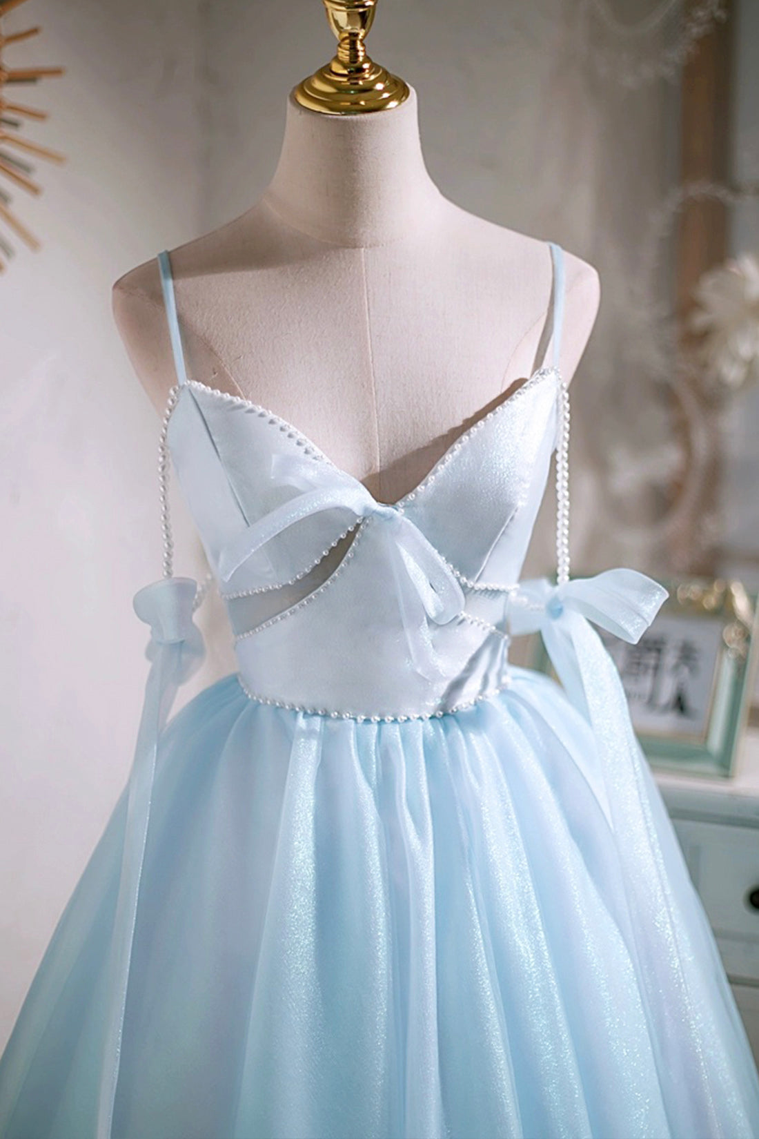 Sky Blue Spaghetti Straps Party Dress, Cute A-Line Tulle Homecoming Dr Sky Blue Spaghetti Straps Party Dress, Cute A-Line Tulle Homecoming Dr