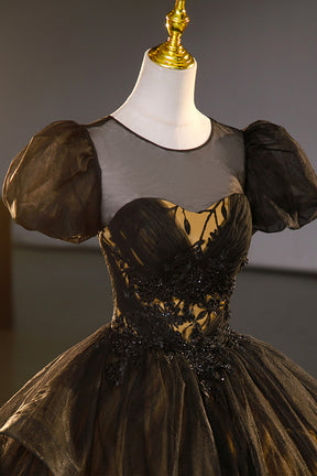 Black Tulle Lace Long Prom Dresses, Black Short Sleeve Evening Dresses