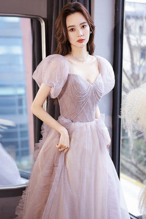 A-Line Tulle Long Prom Dress with Beaded, Beautiful Off the Shoulder Evening Graduation Dress