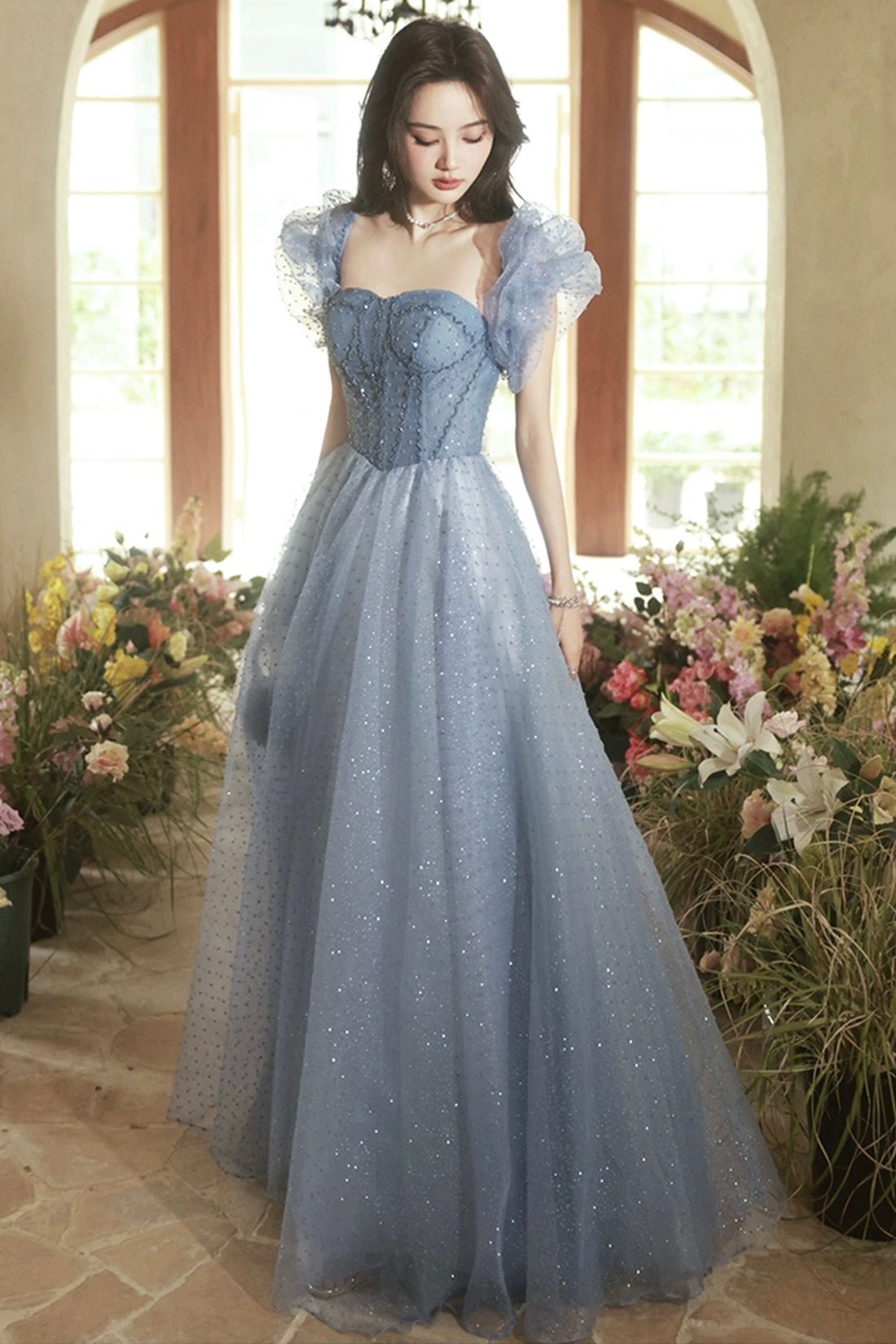 Gray Tulle Beaded Floor Length Prom Dress, Beautiful Short Sleeve Evening Dress