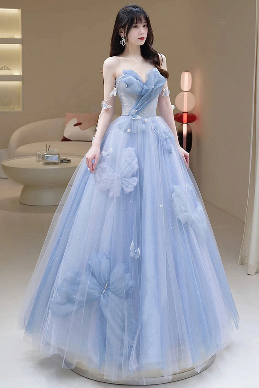Blue Tulle Long A-Line Prom Dress Party Dress, Beautiful Blue Evening
