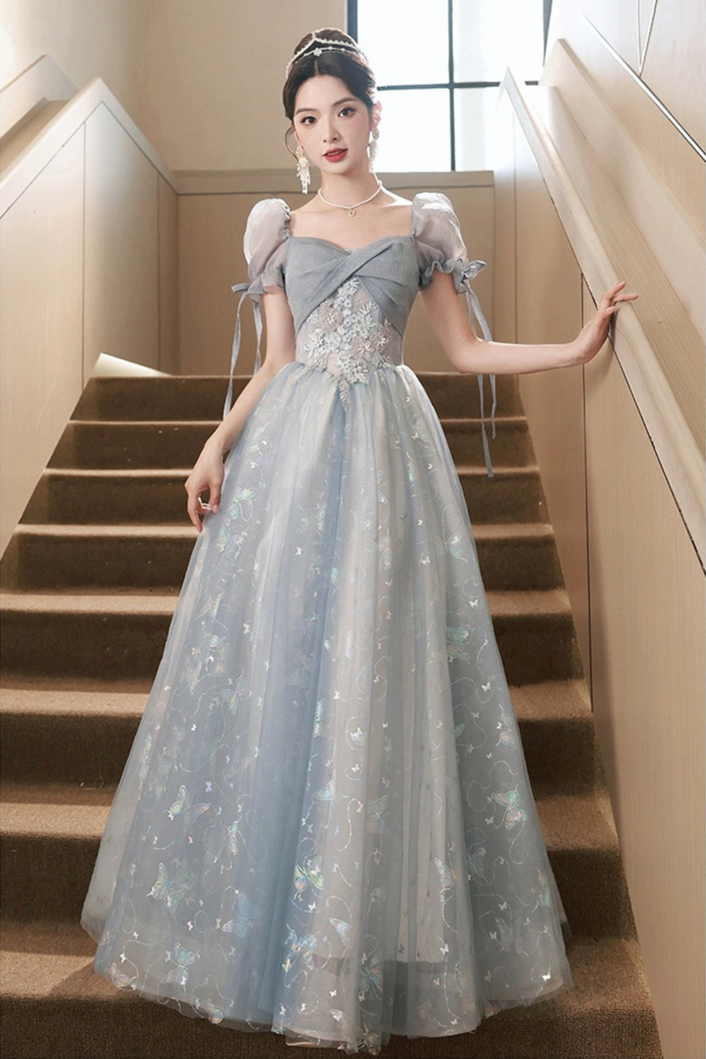 Beautiful Tulle Short Sleeves Formal Dress with Lace, Lovely Blue Long