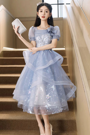 Blue Tulle Lace Knee Length Prom Dress, Cute Short Sleeve Evening Part