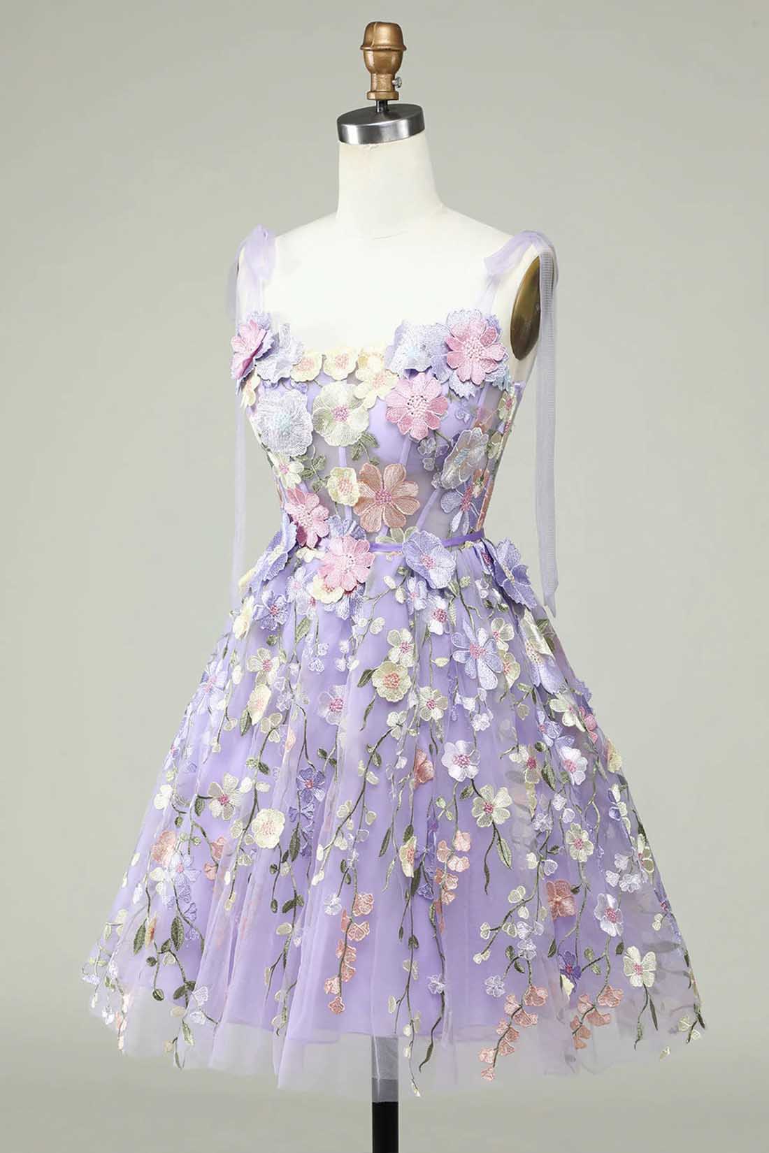 Lavender 3D Floral Embroidered Party Dress, Cute A-line Homecoming Dress