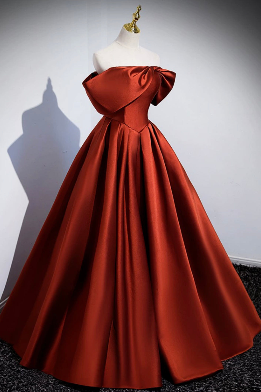 Caramel Floor Length Satin Formal Dress, Cute Off Shoulder A-line Evening Dress