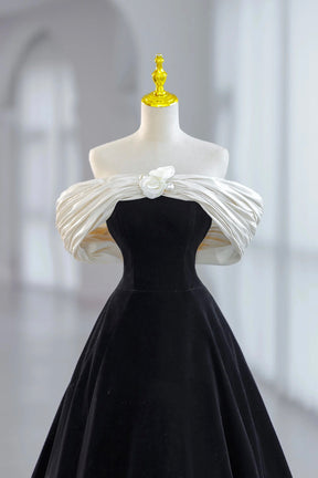 White and Black Velvet Short Prom Dress, Black Off Shoulder Evening Dress