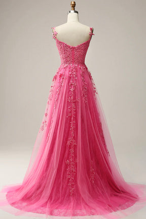Hot Pink Lace Long Prom Dress, Spaghetti Strap Evening Dress Party Dress