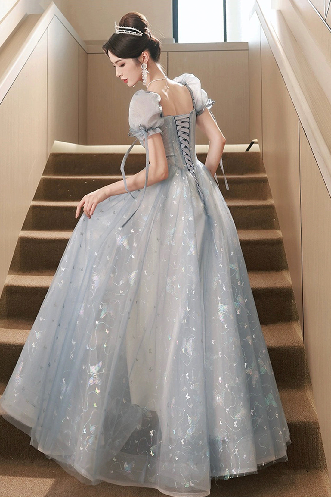 Beautiful Tulle Short Sleeves Formal Dress with Lace, Lovely Blue Long Beautiful Tulle Short Sleeves Formal Dress with Lace, Lovely Blue Long