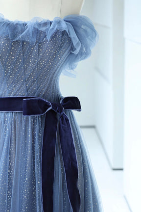 Beautiful Blue Floor Length Prom Dress, A-line Strapless Tulle Evening Dress