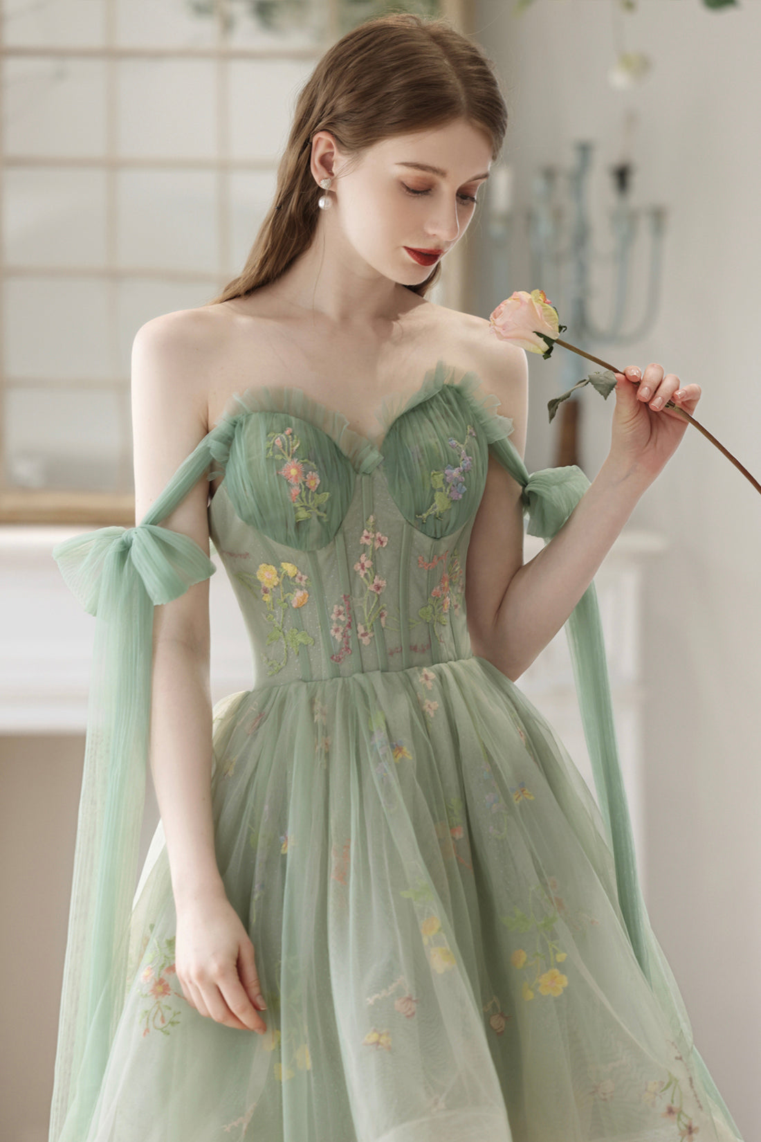 Beautiful Floral Tulle High Low Party Dress, Green Lace Homecoming Dre Beautiful Floral Tulle High Low Party Dress, Green Lace Homecoming Dre