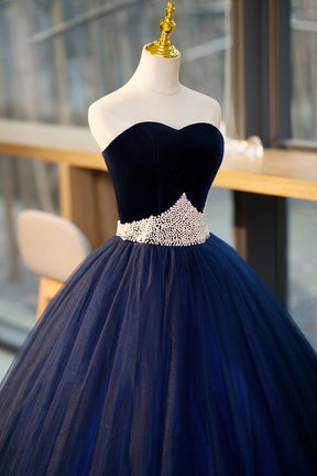 Blue Velvet Tulle Long Prom Dresses, Blue Evening Party Dresses