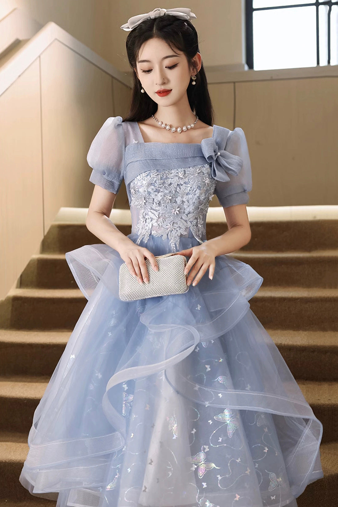 Blue Tulle Lace Knee Length Prom Dress, Cute Short Sleeve Evening Part