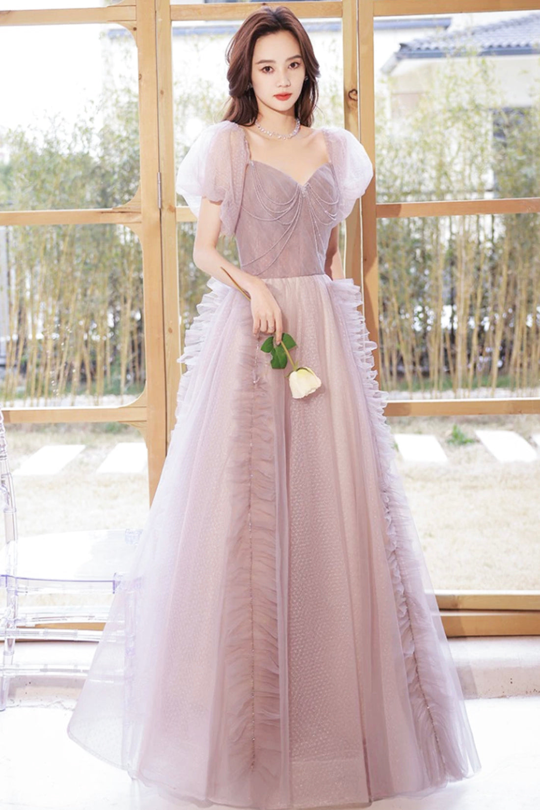 A-Line Tulle Long Prom Dress with Beaded, Beautiful Off the Shoulder E A-Line Tulle Long Prom Dress with Beaded, Beautiful Off the Shoulder E