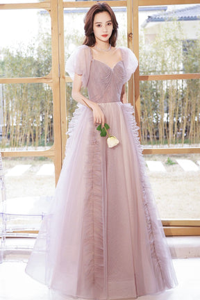 A-Line Tulle Long Prom Dress with Beaded, Beautiful Off the Shoulder Evening Graduation Dress