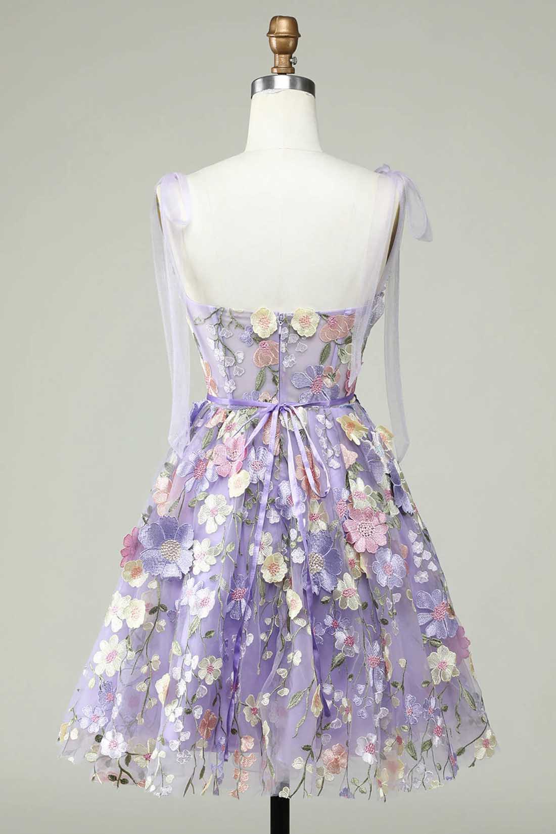 Lavender 3D Floral Embroidered Party Dress, Cute A-line Homecoming Dress