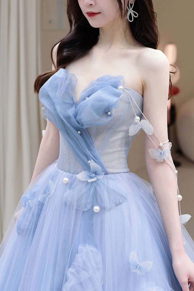 Blue Tulle Long A-Line Prom Dress Party Dress, Beautiful Blue Evening
