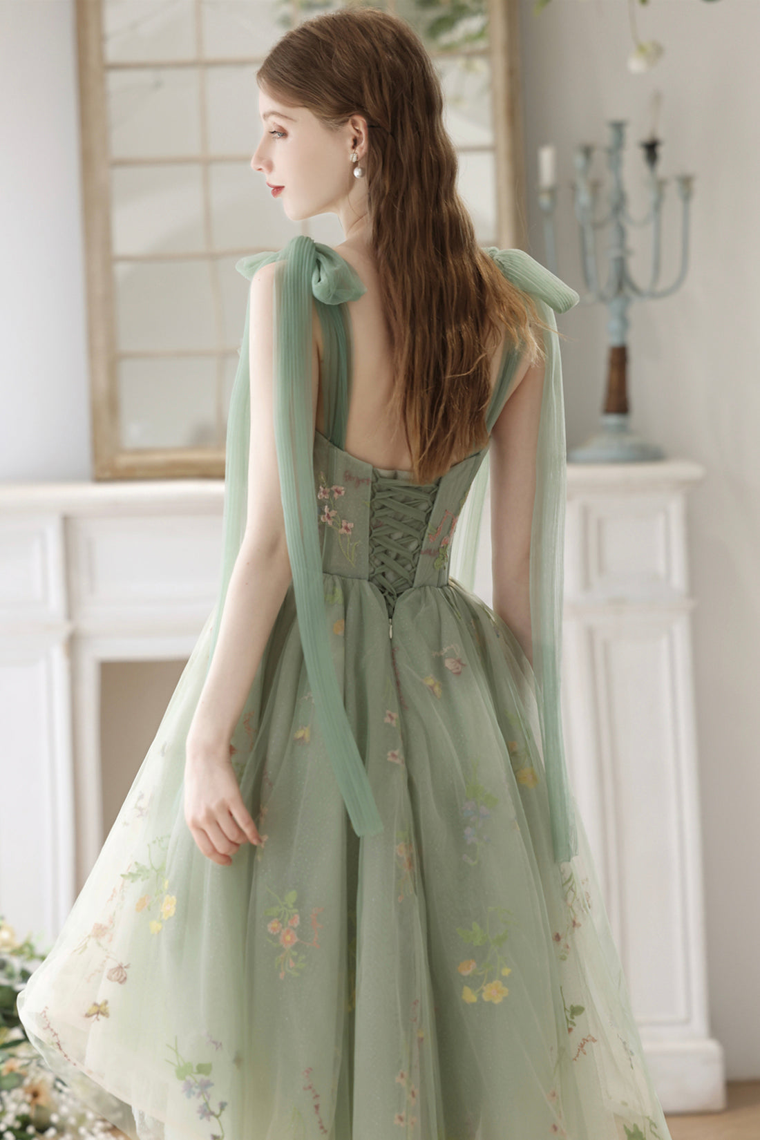 Beautiful Floral Tulle High Low Party Dress, Green Lace Homecoming Dre Beautiful Floral Tulle High Low Party Dress, Green Lace Homecoming Dre