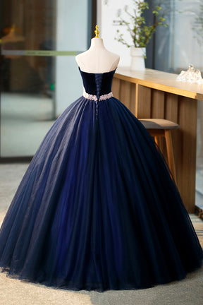Blue Velvet Tulle Long Prom Dresses, Blue Evening Party Dresses