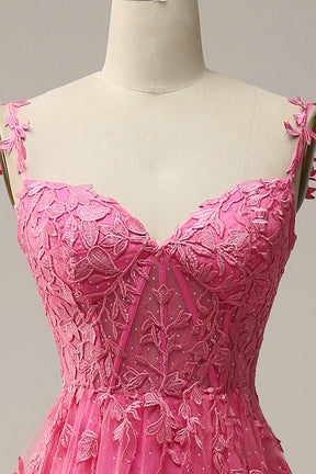 Hot Pink Lace Long Prom Dress, Spaghetti Strap Evening Dress Party Dress