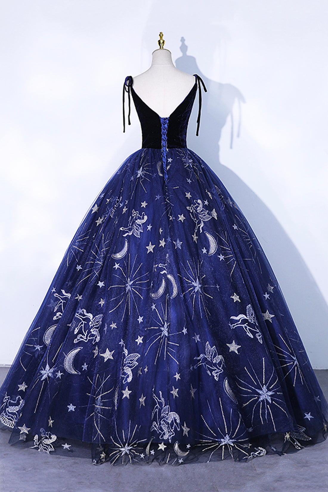 Beautiful Navy Blue Tulle Long Prom Dress, Spaghetti Straps Lace Flower Backless Formal Dress