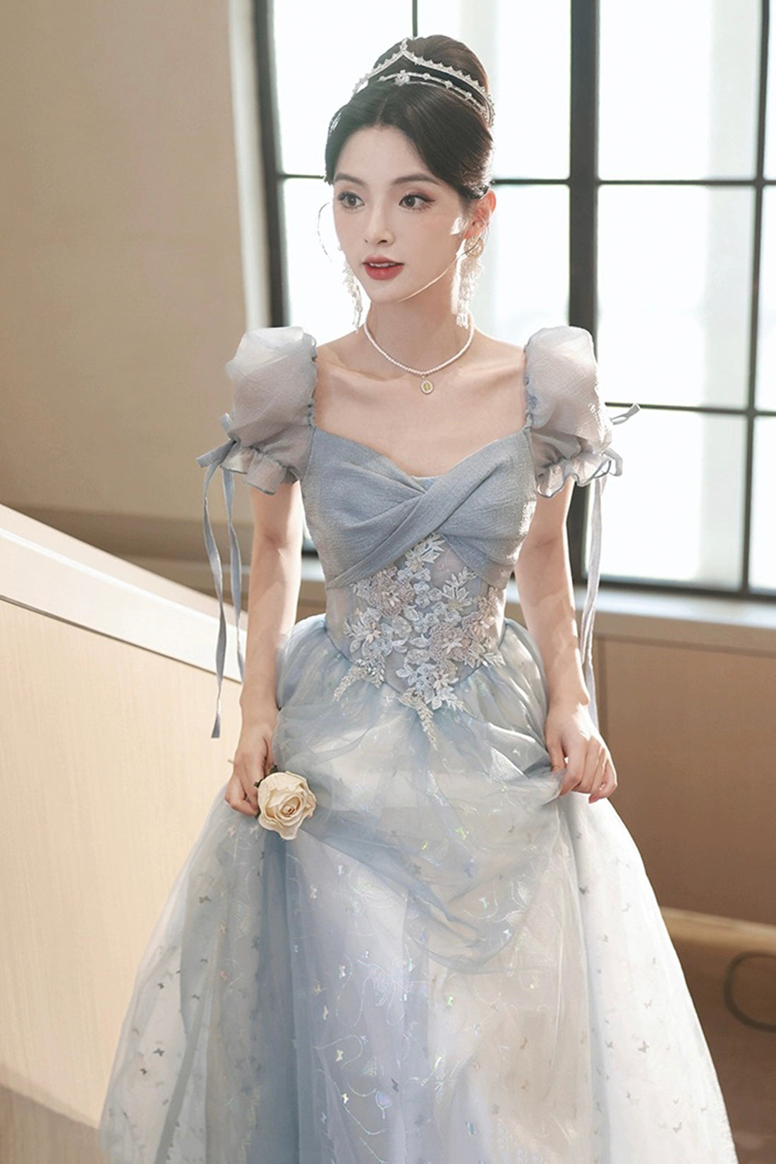 Beautiful Tulle Short Sleeves Formal Dress with Lace, Lovely Blue Long  Prom Dress