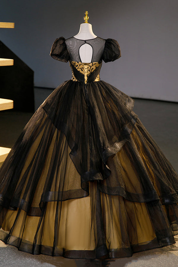 Black tulle lace long prom dress black evening dress Y1894