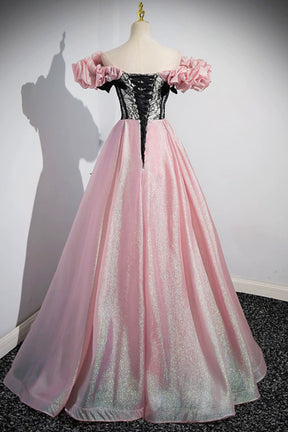 Beautiful Shiny Tulle Long A-Line Pink Corset Prom Dress, Off the Shoulder Evening Party Dress