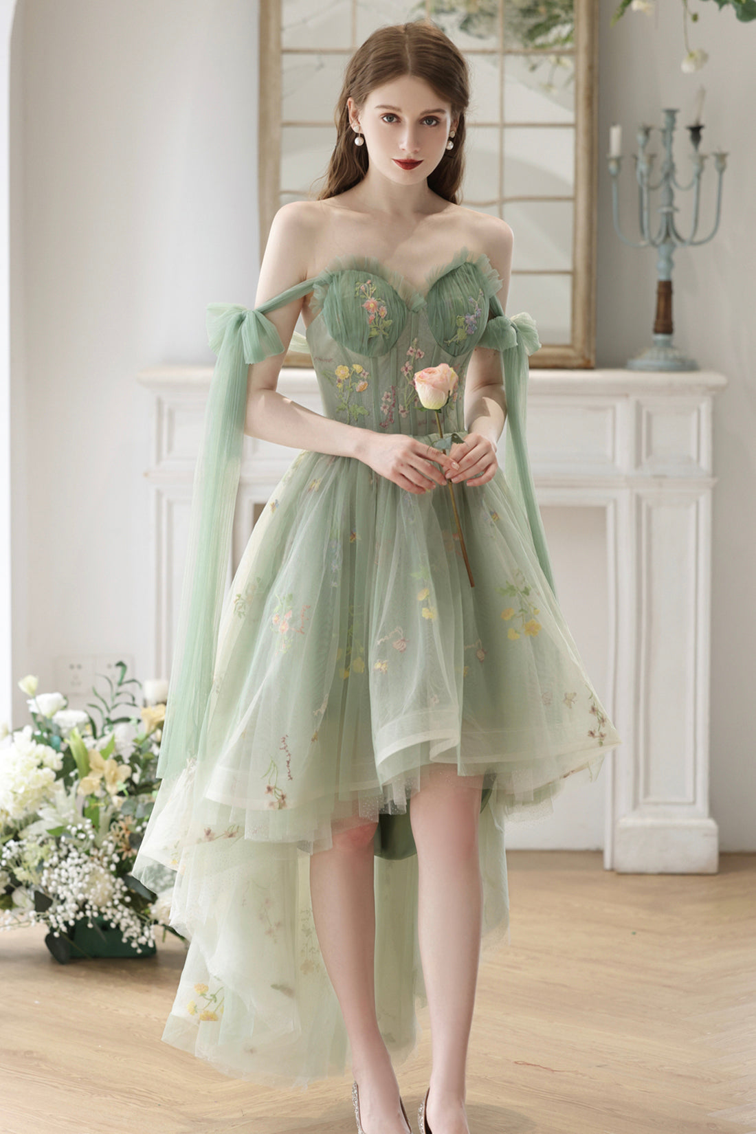 Beautiful Floral Tulle High Low Party Dress, Green Lace Homecoming Dress