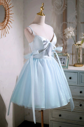 Sky Blue Spaghetti Straps Party Dress, Cute A-Line Tulle Homecoming Dress